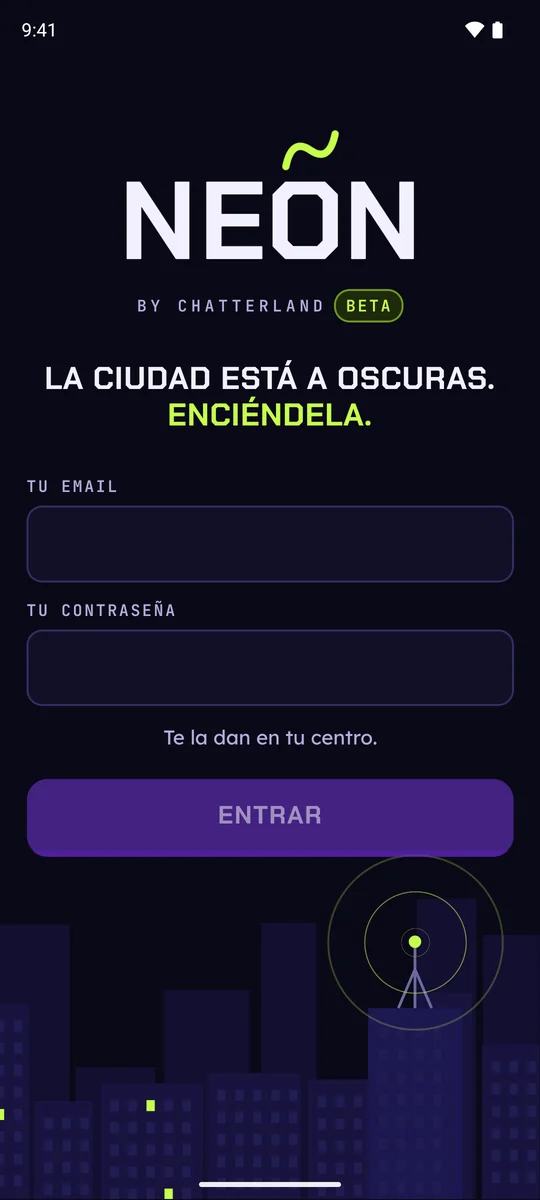 Pantalla de entrada de NEÓN: el logo, «La ciudad está a oscuras. Enciéndela.» y el acceso con el email y la contraseña que da el centro.