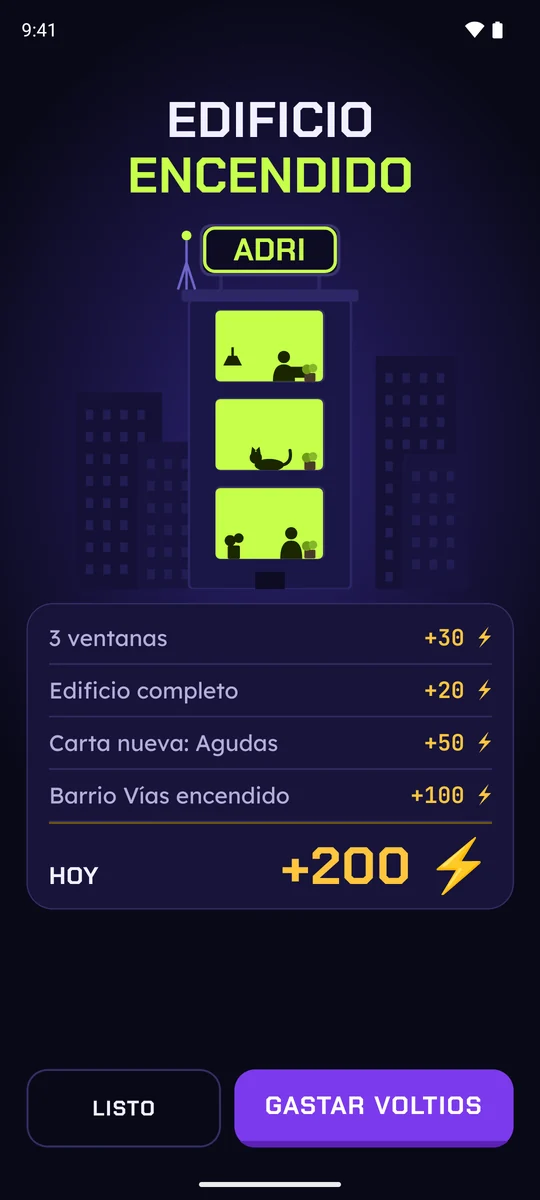 Fin de sesión de Adri: «Edificio encendido», con tres ventanas iluminadas, una carta nueva de Agudas y los voltios ganados hoy (+200).