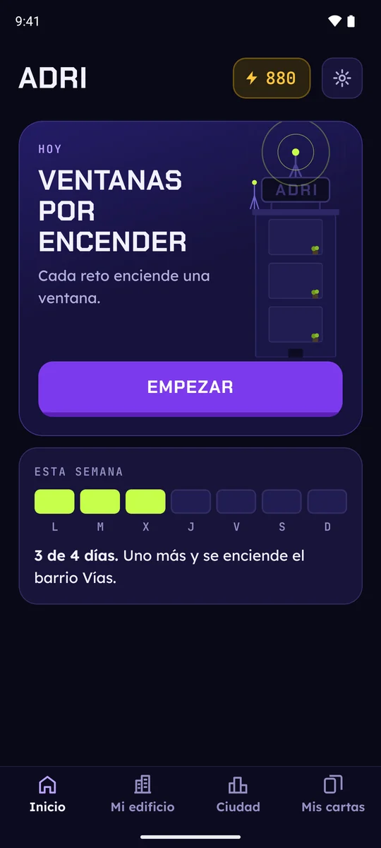 Pantalla de inicio de NEÓN: el edificio del día con sus ventanas por encender.