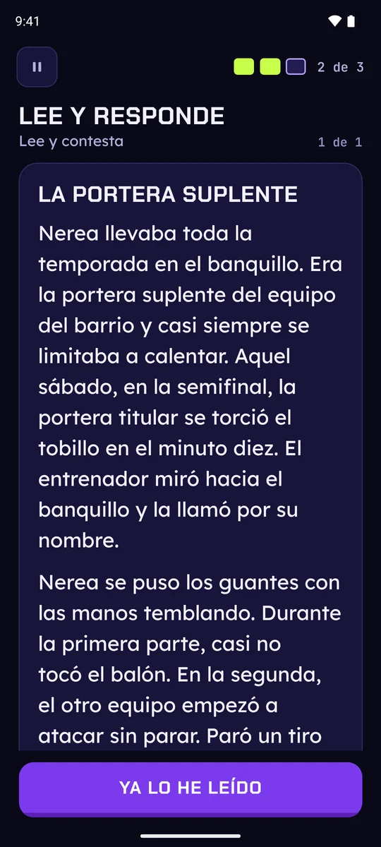 Lee y responde: un texto breve, «La portera suplente», antes de contestar a las preguntas.
