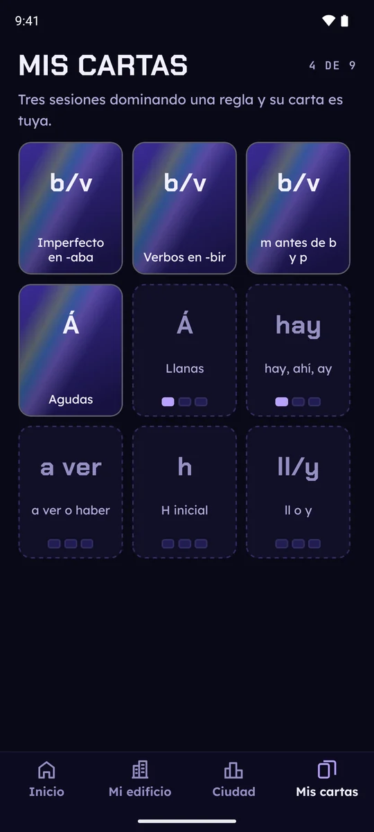 Mis cartas: las cartas de reglas que ha ganado Adri, como b/v y Agudas, y las que le quedan por conseguir.