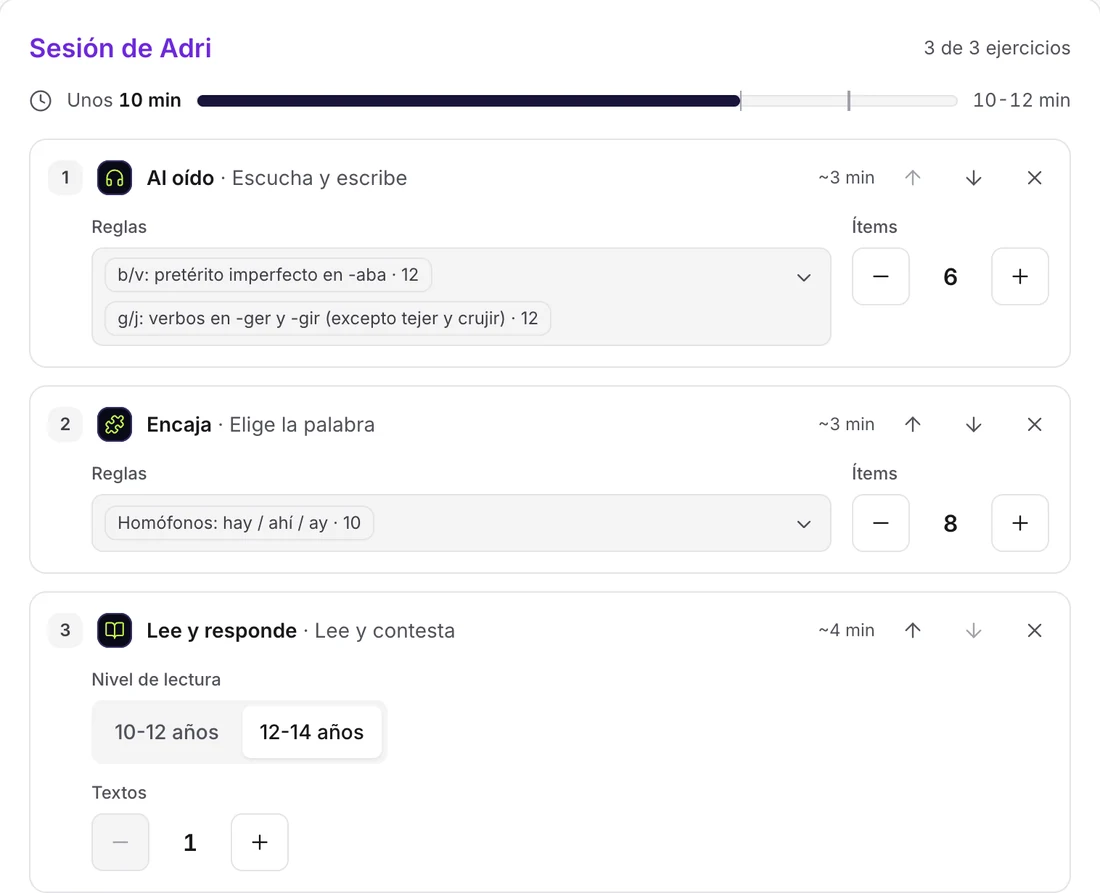 Plan de sesión de Adri, de unos 10 minutos: Al oído con dos reglas de b/v y g/j, Encaja con homófonos y Lee y responde en el nivel de 12 a 14 años.
